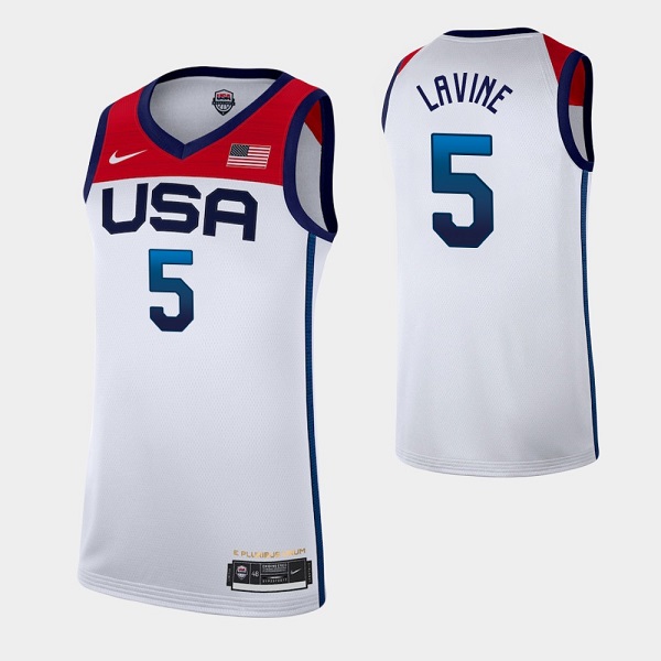 Men's USA Basketball #5 Zach LaVine 2021 White Olympics Stitched Home Jersey